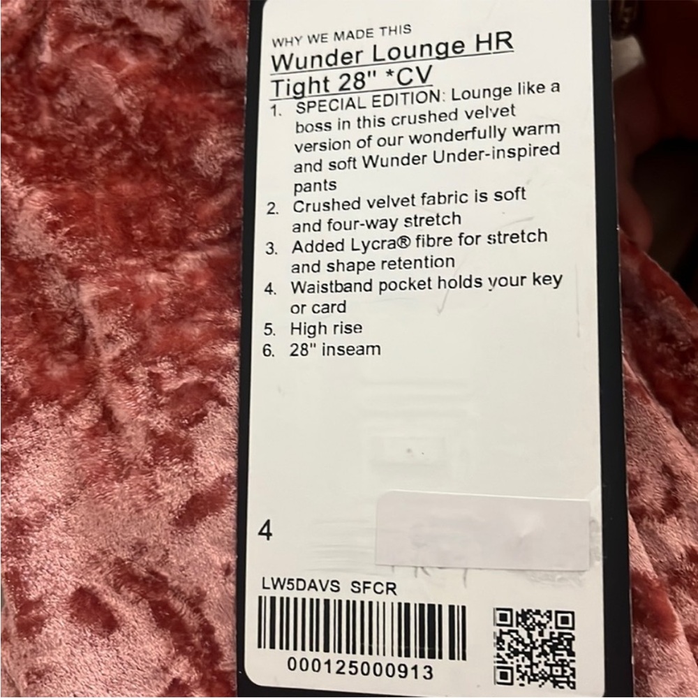 lululemon size 4 pink velvet wunder under new with tags